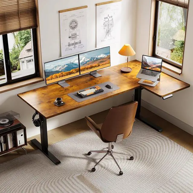 Alt view image 2 of 7 - Electric L Shaped Standing Desk, 63 Inches Height Adjustable Table, Reversible Corner Stand Up Desk, Lifting Computer Table for Home Office, Computer Workstation, Rustic Brown