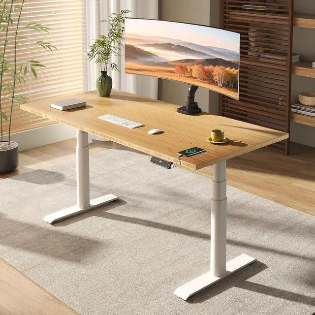Main image of E6 Pro Organic Modern Bamboo Standing Desk, Electric Dual Motor 3-Stage Height Adjustable Desk with Oval Legs, Heavy Duty 330lbs, 55" x 28" Bamboo Desktop, White Frame