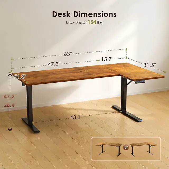 Alt view image 3 of 7 - Electric L Shaped Standing Desk, 63 Inches Height Adjustable Table, Reversible Corner Stand Up Desk, Lifting Computer Table for Home Office, Computer Workstation, Rustic Brown