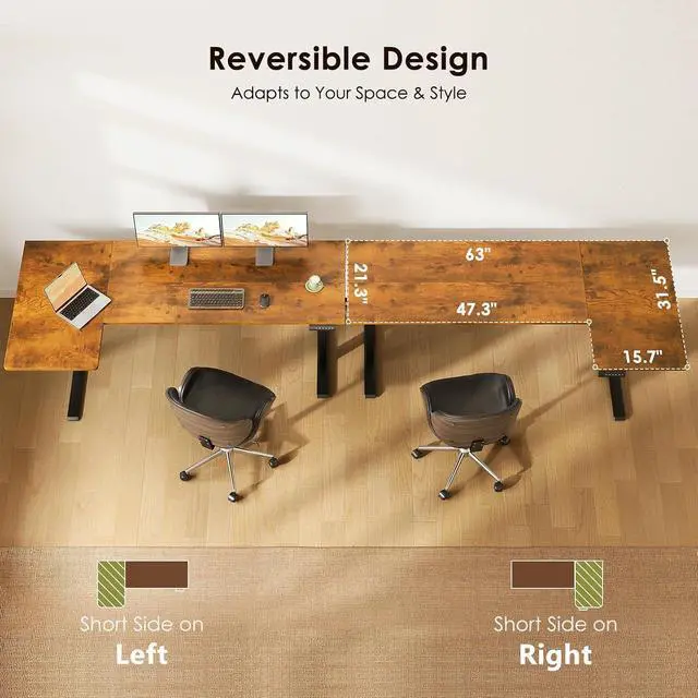 Alt view image 5 of 7 - Electric L Shaped Standing Desk, 63 Inches Height Adjustable Table, Reversible Corner Stand Up Desk, Lifting Computer Table for Home Office, Computer Workstation, Rustic Brown
