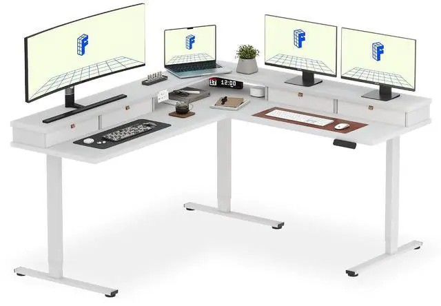 Main image of 71" Large L Shaped Standing Desk Electric Corner Table with Shelf, 4 Storage Drawers, Adjustable Computer Workstation for Home, Office, Game, Studio, White Top + White Frame