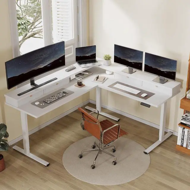 Alt view image 2 of 7 - 71" Large L Shaped Standing Desk Electric Corner Table with Shelf, 4 Storage Drawers, Adjustable Computer Workstation for Home, Office, Game, Studio, White Top + White Frame