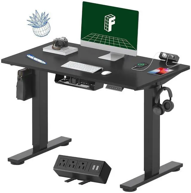 Main image of EN2 Whole-Piece Standing Desk with Clamp Power Strip, 40 x 24'' Electric Stand Up Height Adjustable Desk with Cable Management (Black Frame + 40" Black Top)