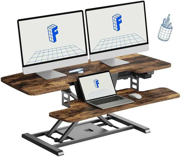 Main image of 42" Electric Standing Desk Converter Height Adjustable Desk Strong Weight Capacity Motorized Stand up Desk Riser for Office Home, Rustic Color
