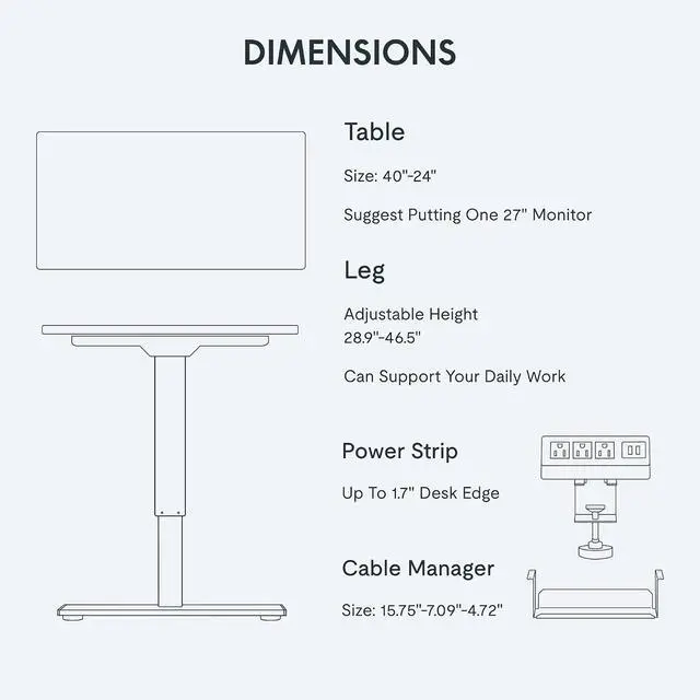 Alt view image 7 of 7 - EN2 Whole-Piece Standing Desk with Clamp Power Strip, 40 x 24'' Electric Stand Up Height Adjustable Desk with Cable Management (Black Frame + 40" Black Top)