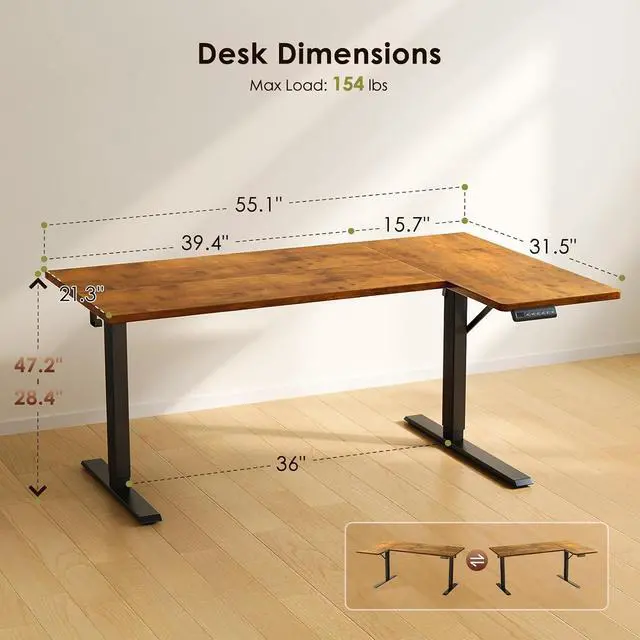 Alt view image 3 of 7 - Electric L Shaped Standing Desk, 55 Inches Height Adjustable Table, Reversible Corner Stand Up Desk, Lifting Computer Table for Home Office, Computer Workstation, Rustic Brown