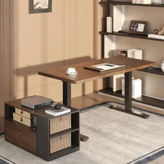 Main image of L Shaped Executive Standing Desk with Drawers, Large Electric Height Adjustable Desk, Sit Stand Desk for Home Office and Workstation, Mobile Cabinet (63"x32" Black Walnut)