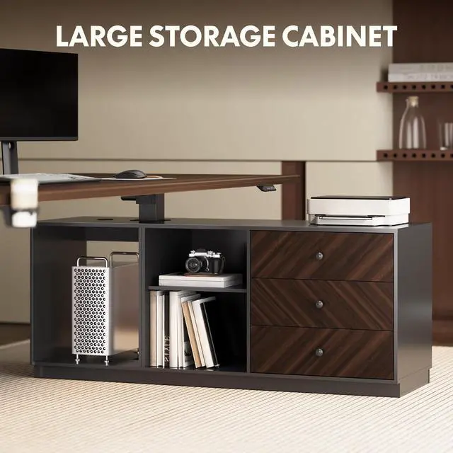 Alt view image 2 of 7 - L Shaped Executive Standing Desk with Drawers, Large Electric Height Adjustable Desk, Sit Stand Desk for Home Office and Workstation, PC Cabinet (79"x32" Black Walnut)