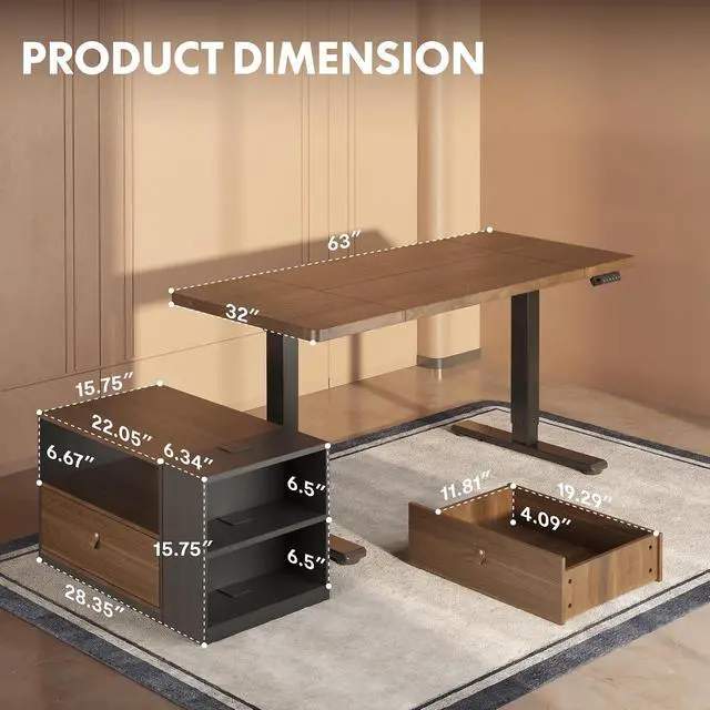 Alt view image 2 of 7 - L Shaped Executive Standing Desk with Drawers, Large Electric Height Adjustable Desk, Sit Stand Desk for Home Office and Workstation, Mobile Cabinet (63"x32" Black Walnut)
