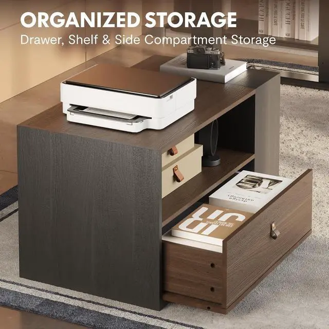 Alt view image 3 of 7 - L Shaped Executive Standing Desk with Drawers, Large Electric Height Adjustable Desk, Sit Stand Desk for Home Office and Workstation, Mobile Cabinet (63"x32" Black Walnut)