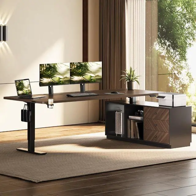 Main image of L Shaped Executive Standing Desk with Drawers, Large Electric Height Adjustable Desk, Sit Stand Desk for Home Office and Workstation, PC Cabinet (71"x32" Black Walnut)