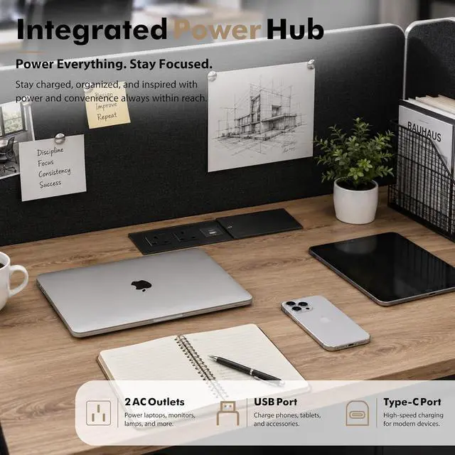 Alt view image 4 of 7 - 4-Person Modular Cubicle Desk Workstation | with Built-in Power & Mobile Storage, Acoustic Privacy Panels | Sleek, Scalable Layout for Modern Teams (Black, 4 Person cubicles)
