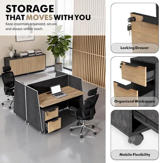 Alt view image 5 of 7 - 4-Person Modular Cubicle Desk Workstation | with Built-in Power & Mobile Storage, Acoustic Privacy Panels | Sleek, Scalable Layout for Modern Teams (Black, 4 Person cubicles)