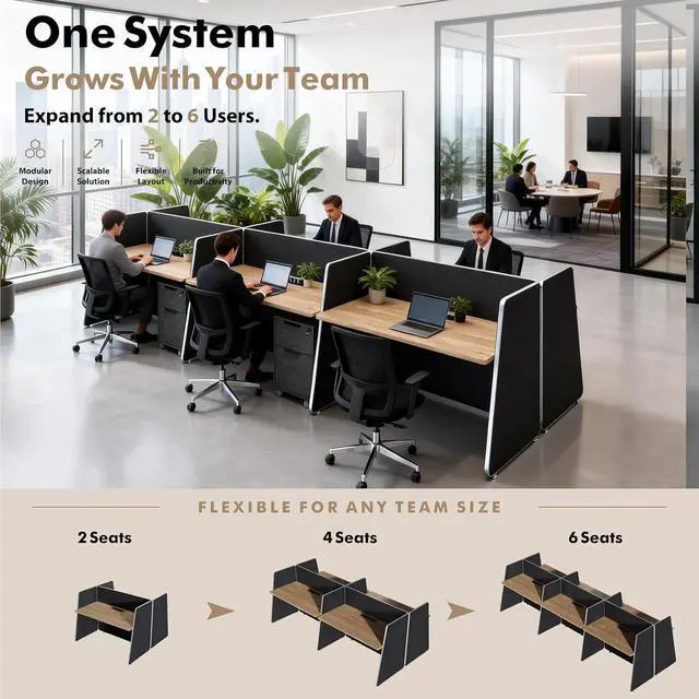 Alt view image 6 of 7 - 4-Person Modular Cubicle Desk Workstation | with Built-in Power & Mobile Storage, Acoustic Privacy Panels | Sleek, Scalable Layout for Modern Teams (Black, 4 Person cubicles)