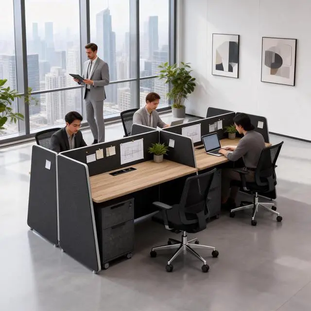 Alt view image 3 of 7 - 4-Person Modular Cubicle Desk Workstation | with Built-in Power & Mobile Storage, Acoustic Privacy Panels | Sleek, Scalable Layout for Modern Teams (Black, 4 Person cubicles)
