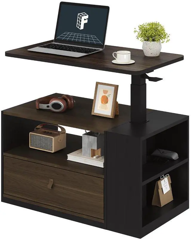 Main image of H7 CAB Height Adjustable Sit-Stand Computer Workstation Desk with Storage, Pneumatic Lift Laptop Desk with Drawer & Cabinet, Compact Small Space Home Office Desk (25.8"41.3", Walnut)