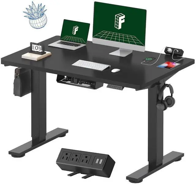 Main image of EN2 Whole-Piece Standing Desk with Clamp Power Strip, 48x30 Electric Stand Up Height Adjustable Desk with Cable Management (Black Frame + Black Top, 2 Packages)