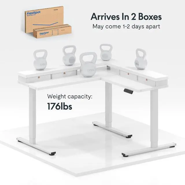Alt view image 7 of 7 - 71" Large L Shaped Standing Desk Electric Corner Table with Shelf, 4 Storage Drawers, Adjustable Computer Workstation for Home, Office, Game, Studio, White Top + White Frame