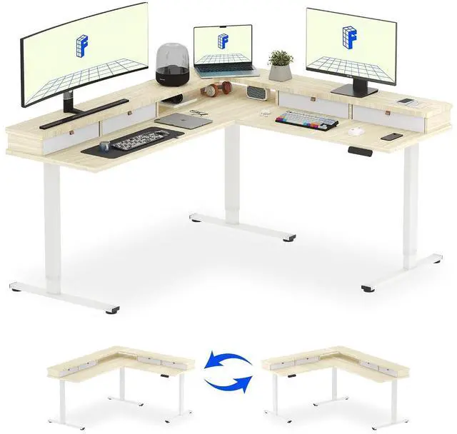 Main image of 71" L Shaped Standing Desk Electric Corner Table with Shelf, 4 Storage Drawers, Adjustable Computer Workstation for Home, Office, Game, Studio,Light Maple Top + White Frame