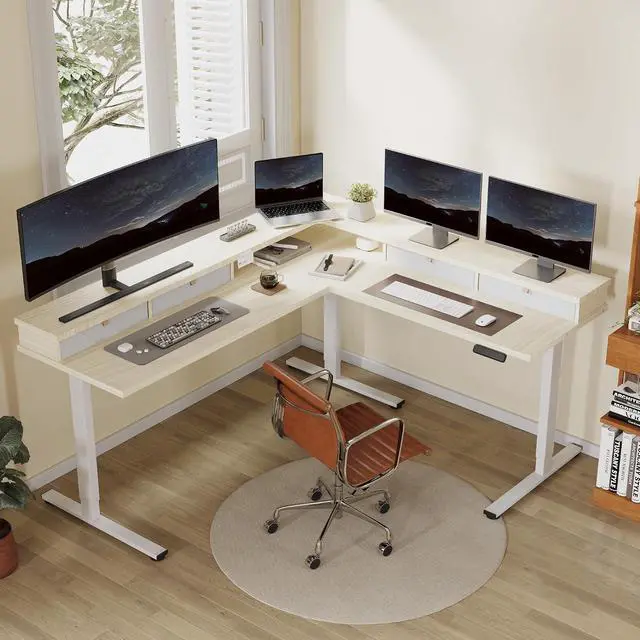 Alt view image 2 of 7 - 71" L Shaped Standing Desk Electric Corner Table with Shelf, 4 Storage Drawers, Adjustable Computer Workstation for Home, Office, Game, Studio,Light Maple Top + White Frame
