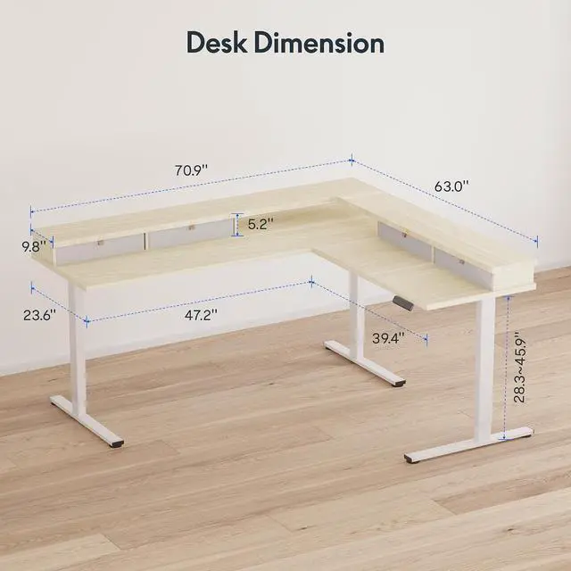 Alt view image 3 of 7 - 71" L Shaped Standing Desk Electric Corner Table with Shelf, 4 Storage Drawers, Adjustable Computer Workstation for Home, Office, Game, Studio,Light Maple Top + White Frame