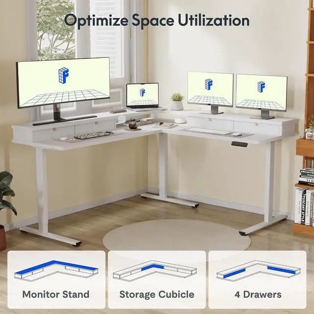 Alt view image 5 of 7 - 71" Large L Shaped Standing Desk Electric Corner Table with Shelf, 4 Storage Drawers, Adjustable Computer Workstation for Home, Office, Game, Studio, White Top + White Frame