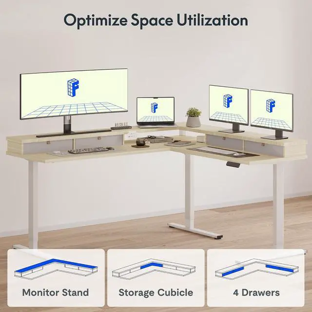 Alt view image 5 of 7 - 71" L Shaped Standing Desk Electric Corner Table with Shelf, 4 Storage Drawers, Adjustable Computer Workstation for Home, Office, Game, Studio,Light Maple Top + White Frame