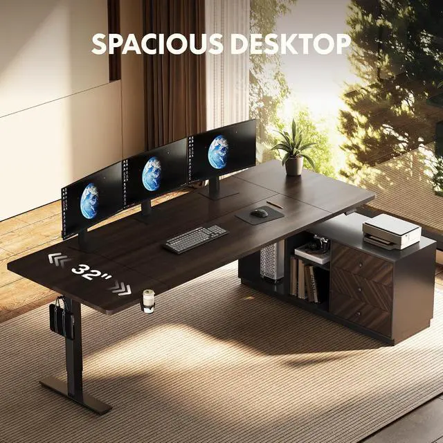 Alt view image 3 of 7 - L Shaped Executive Standing Desk with Drawers, Large Electric Height Adjustable Desk, Sit Stand Desk for Home Office and Workstation, PC Cabinet (79"x32" Black Walnut)