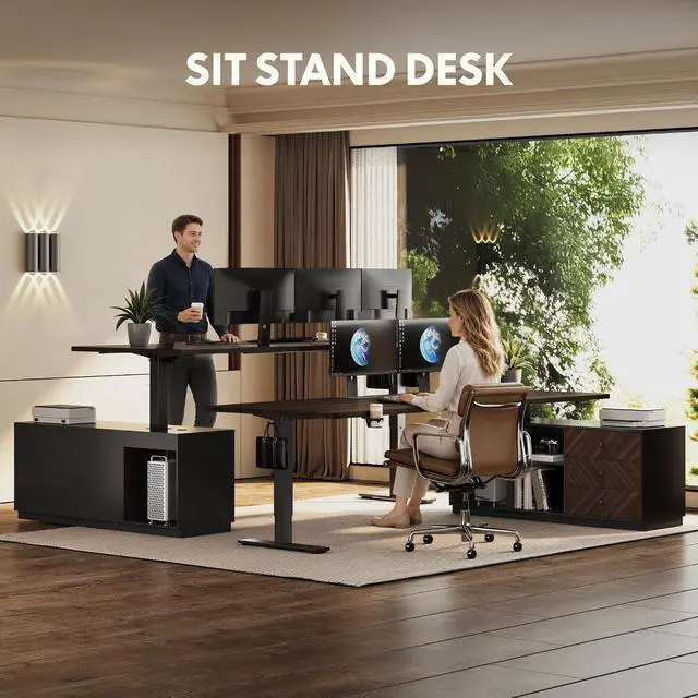 Alt view image 5 of 7 - L Shaped Executive Standing Desk with Drawers, Large Electric Height Adjustable Desk, Sit Stand Desk for Home Office and Workstation, PC Cabinet (79"x32" Black Walnut)