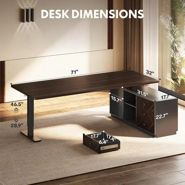Alt view image 4 of 7 - L Shaped Executive Standing Desk with Drawers, Large Electric Height Adjustable Desk, Sit Stand Desk for Home Office and Workstation, PC Cabinet (71"x32" Black Walnut)