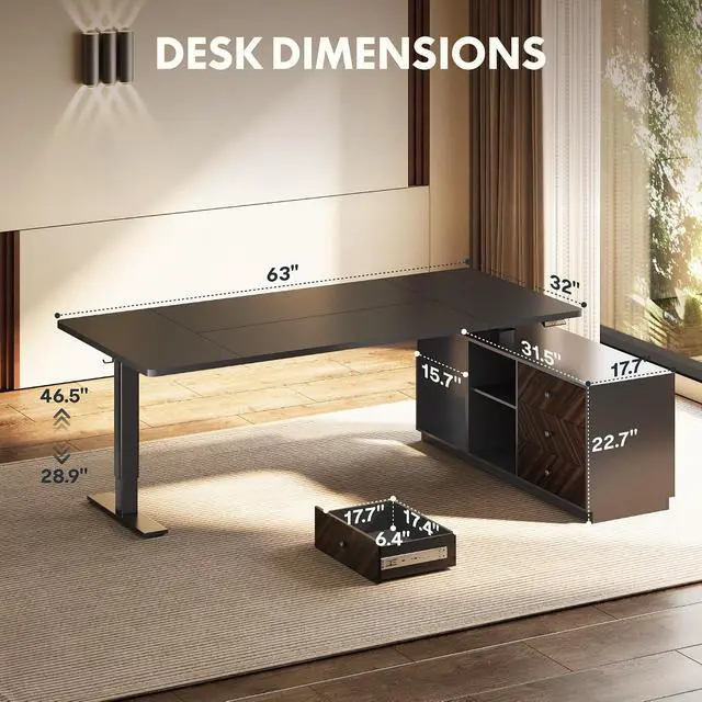 Alt view image 2 of 7 - L Shaped Executive Standing Desk with Drawers, Large Electric Height Adjustable Desk, Sit Stand Desk for Home Office and Workstation, PC Cabinet (63"x32" Black)