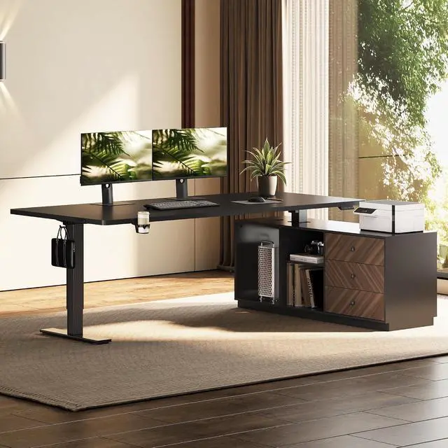Main image of L Shaped Executive Standing Desk with Drawers, Large Electric Height Adjustable Desk, Sit Stand Desk for Home Office and Workstation, PC Cabinet (63"x32" Black)