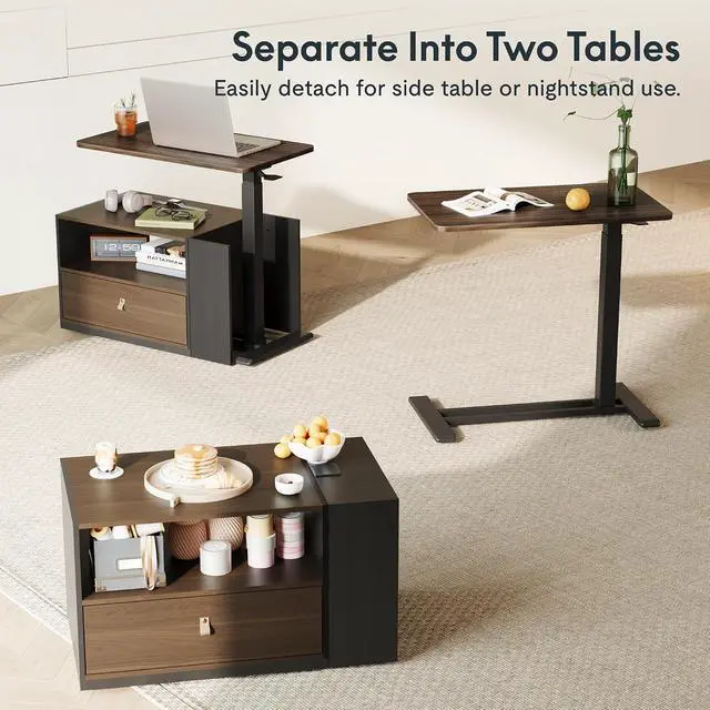 Alt view image 6 of 7 - H7 CAB Height Adjustable Sit-Stand Computer Workstation Desk with Storage, Pneumatic Lift Laptop Desk with Drawer & Cabinet, Compact Small Space Home Office Desk (25.8"41.3", Walnut)