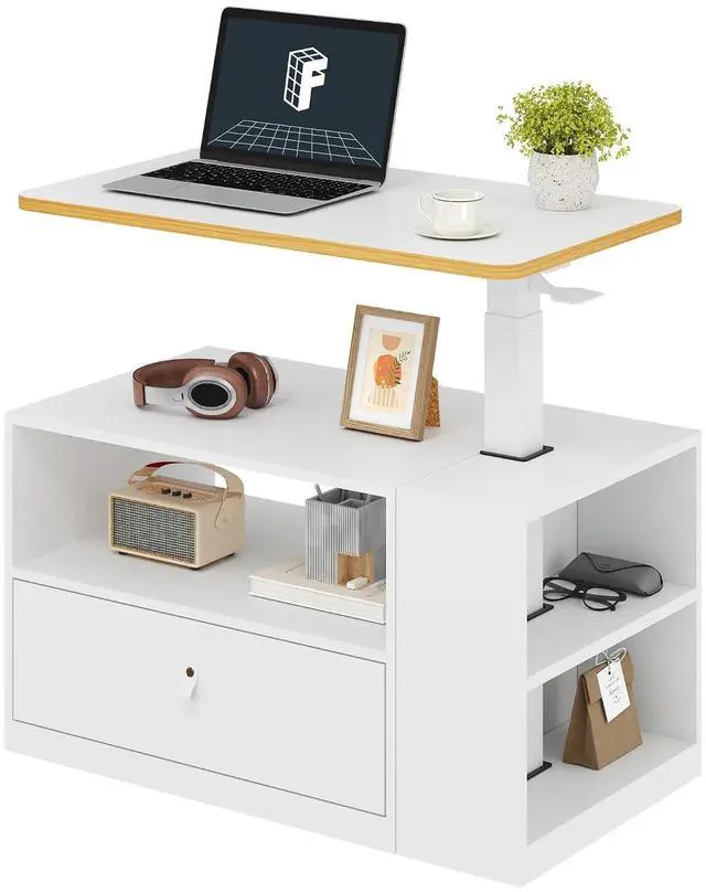 Main image of H7 CAB Mobile Standing Desk with Storage Cabinet Pneumatic Laptop Rolling Computer Cart Movable Height Adjustable Small Sit Stand Desk Computer Workstations Home Use,White+Maple
