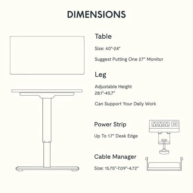 Alt view image 7 of 7 - EN2 Whole-Piece Standing Desk with Clamp Power Strip, 40 x 24'' Electric Stand Up Height Adjustable Desk with Cable Management (Black Frame + 40" Maple Top, 2 Packages)