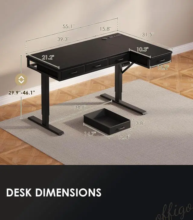 Alt view image 3 of 7 - 55 Inch L Shaped Electric Standing Desk with Drawers, Height Adjustable Large Desk with Power Outlets, Sit Stand Table, Writing Computer Desk for Home, Office, Workstation, Black