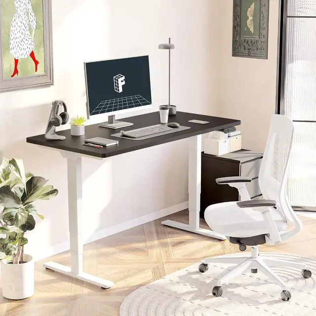 Alt view image 2 of 7 - E6 3-Stage Dual Motor Electric Standing Desk 48 x 30 Sit Stand Up Desk, Holds 220 lbs, Adjustable Height w/Memory Presets, One-Piece Black Desktop & White Frame, Ships in 2 Boxes