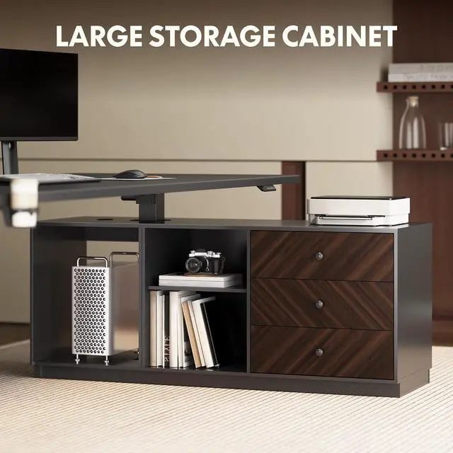 Alt view image 2 of 7 - L Shaped Executive Standing Desk with Drawers, Large Electric Height Adjustable Desk, Sit Stand Desk for Home Office and Workstation, PC Cabinet (79"x32" Black)