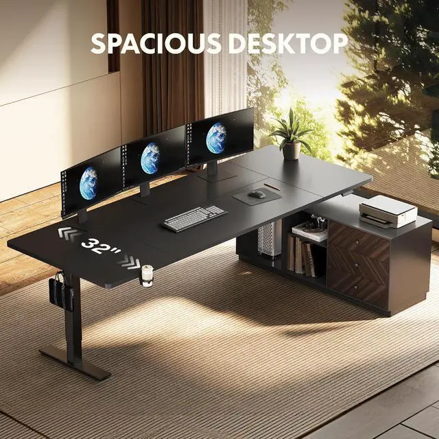 Alt view image 3 of 7 - L Shaped Executive Standing Desk with Drawers, Large Electric Height Adjustable Desk, Sit Stand Desk for Home Office and Workstation, PC Cabinet (79"x32" Black)