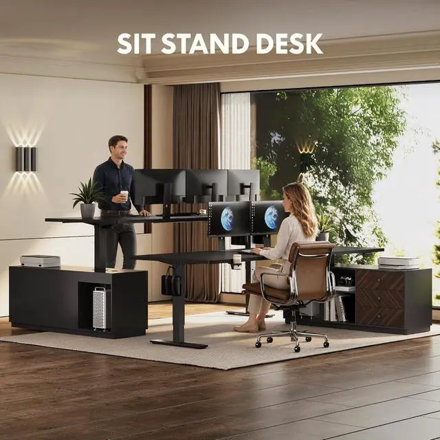 Alt view image 4 of 7 - L Shaped Executive Standing Desk with Drawers, Large Electric Height Adjustable Desk, Sit Stand Desk for Home Office and Workstation, PC Cabinet (79"x32" Black)
