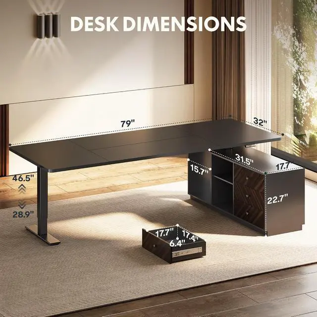 Alt view image 5 of 7 - L Shaped Executive Standing Desk with Drawers, Large Electric Height Adjustable Desk, Sit Stand Desk for Home Office and Workstation, PC Cabinet (79"x32" Black)