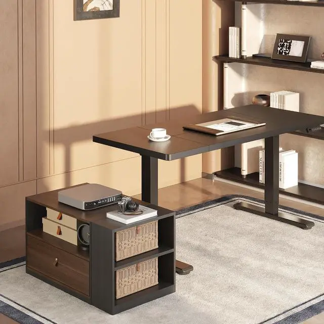 Main image of L Shaped Executive Standing Desk with Drawers, Large Electric Height Adjustable Desk, Sit Stand Desk for Home Office and Workstation, Mobile Cabinet (63"x32" Black)