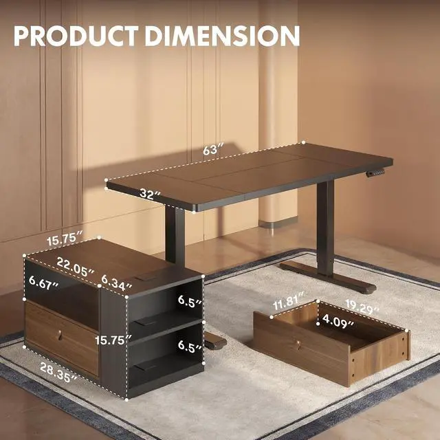 Alt view image 2 of 7 - L Shaped Executive Standing Desk with Drawers, Large Electric Height Adjustable Desk, Sit Stand Desk for Home Office and Workstation, Mobile Cabinet (63"x32" Black)
