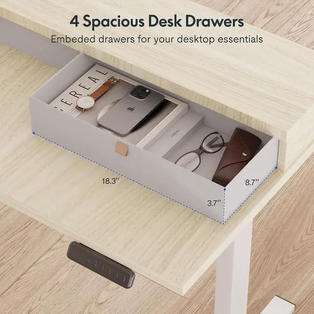 Alt view image 7 of 7 - 71" L Shaped Standing Desk Electric Corner Table with Shelf, 4 Storage Drawers, Adjustable Computer Workstation for Home, Office, Game, Studio,Light Maple Top + White Frame