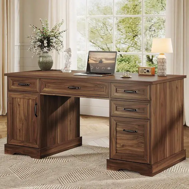 Main image of 59 Inch Farmhouse Desk with Drawers, Executive Computer Desk with Charging Station, Wood File Cabinet Storage for Home Office, Walnut