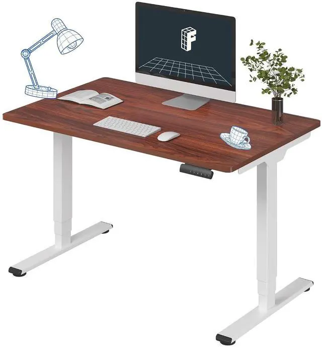 Main image of E6 3-Stage Dual Motor Electric Standing Desk 48 x 30 Sit Stand Up Desk, Holds 220 lbs, Adjustable Height w/Memory Presets, One-Piece Mahogany Desktop & White Frame, Ships in 2 Boxes