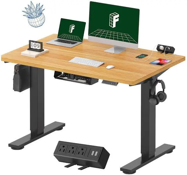 Main image of EN2 Whole-Piece Standing Desk with Clamp Power Strip, 48 x 30 Electric Stand Up Height Adjustable Desk with Cable Management (Black Frame + 48" Maple Top, 2 Packages)