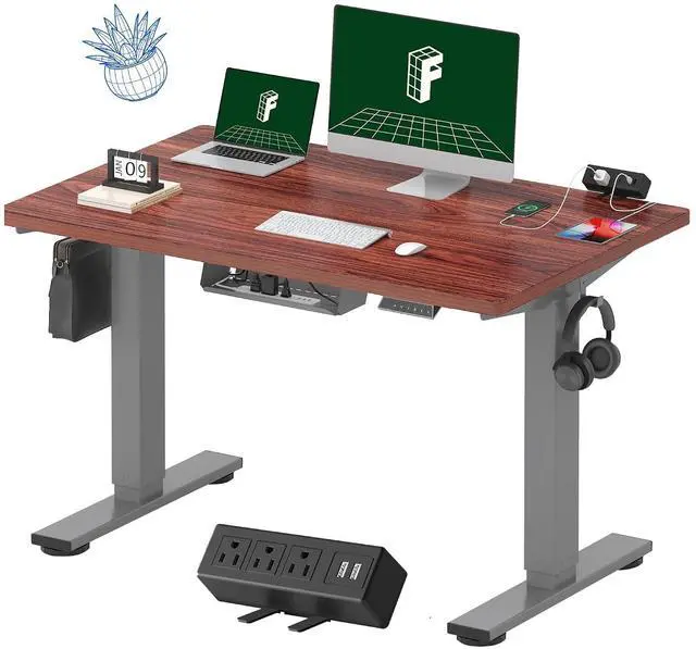 Main image of EN2 Whole-Piece Standing Desk with Clamp Power Strip, 48 x 30'' Height Adjustable Electric Stand Up Desk with Cable Management (Gray Frame + Mahogany Top, 2 Packages)