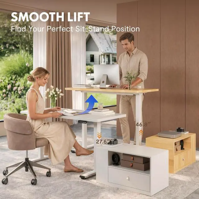 Alt view image 3 of 7 - L Shaped Executive Standing Desk with Drawers, Large Electric Height Adjustable Desk, Sit Stand Desk for Home Office and Workstation, Mobile Cabinet (63"x32" White)