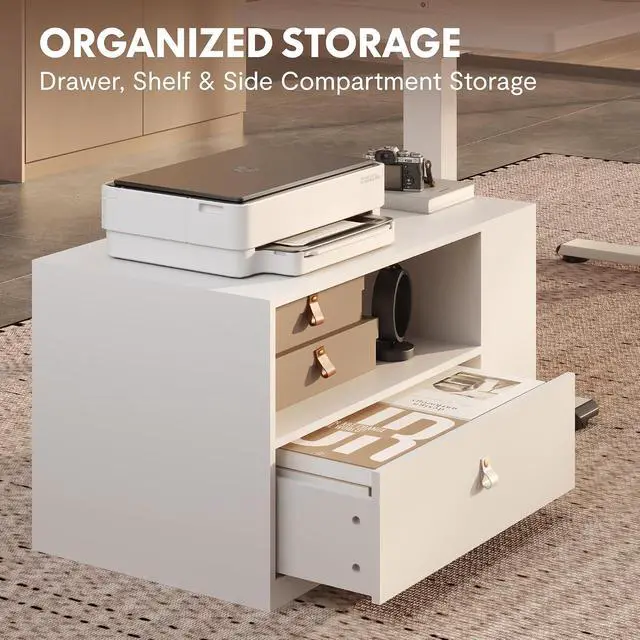 Alt view image 2 of 7 - L Shaped Executive Standing Desk with Drawers, Large Electric Height Adjustable Desk, Sit Stand Desk for Home Office and Workstation, Mobile Cabinet (63"x32" White)